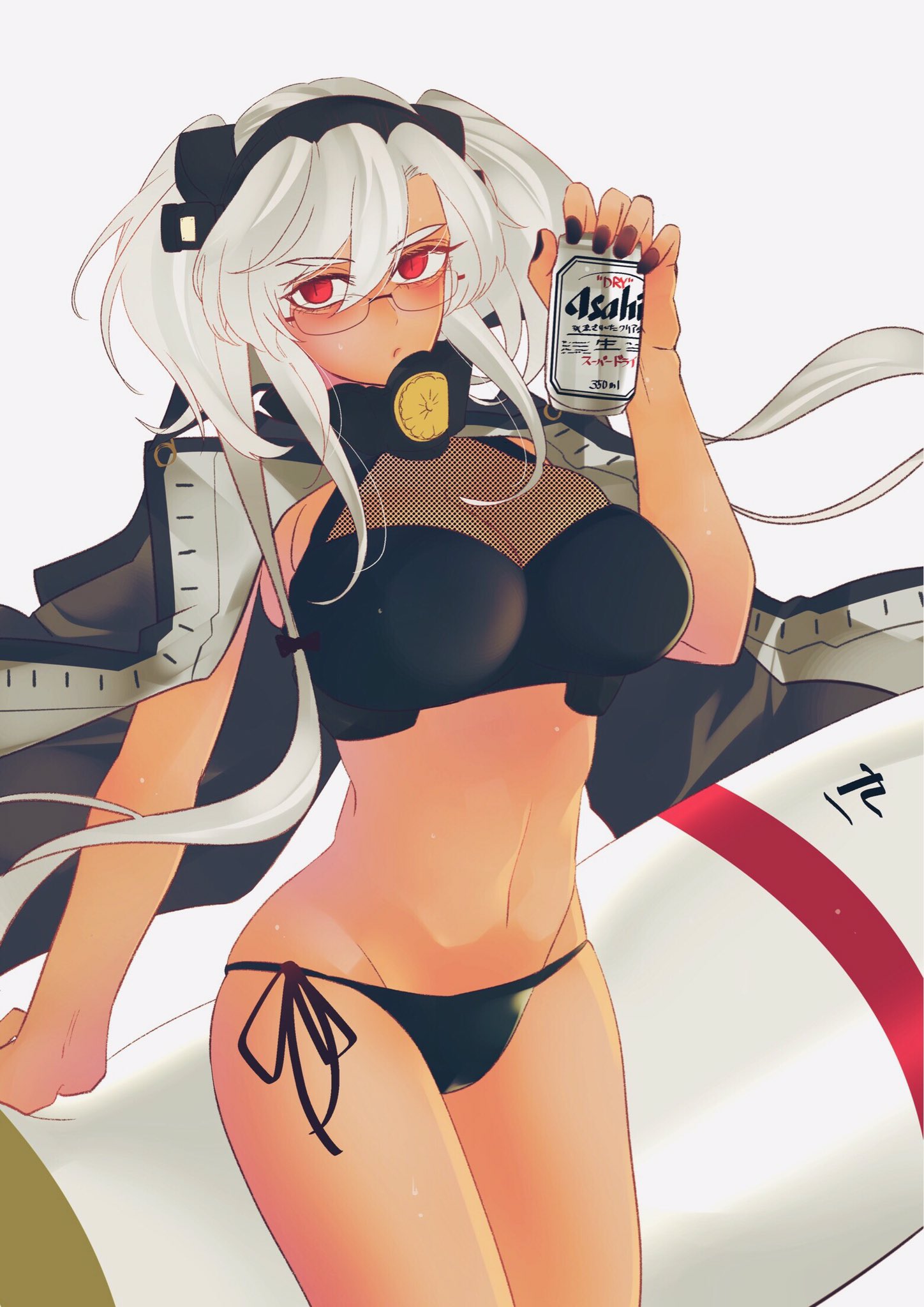 1girl anno88888 beer_can bikini breasts can capelet cartridge cleavage collar commentary_request dark_skin glasses hair_between_eyes headgear highres holding kantai_collection large_breasts musashi_(kantai_collection) navel pointy_hair red_eyes semi-rimless_eyewear short_hair_with_long_locks swimsuit twintails two_side_up under-rim_eyewear