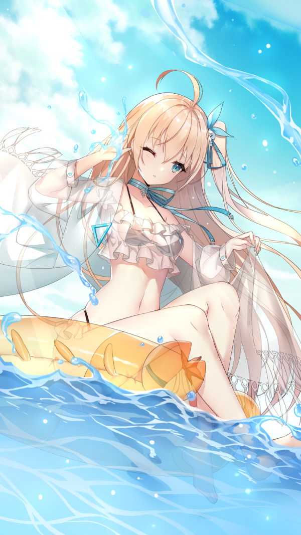 1girl ahoge bangs bikini black_bikini blue_ribbon blue_sky character_request clouds cloudy_sky day dutch_angle eyebrows_visible_through_hair hair_between_eyes hair_ribbon innertube iron_saga jacket light_brown_hair ling_(sroin) long_hair long_sleeves looking_at_viewer ocean one_eye_closed one_side_up open_clothes open_jacket outdoors parted_lips puffy_long_sleeves puffy_sleeves ribbon see-through sitting sky solo swimsuit transparent very_long_hair water yellow_innertube