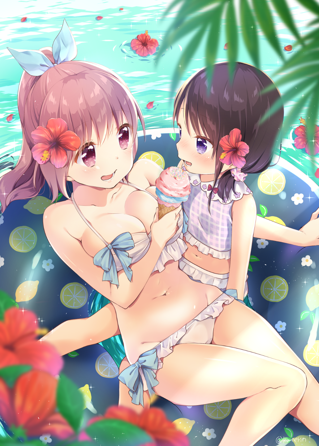 2girls afloat age_difference bikini blue_bow blurry blurry_foreground blush bow breasts brown_hair cleavage depth_of_field double_scoop flower food groin hair_flower hair_ornament hair_scrunchie halter_top halterneck high_ponytail highres holding holding_food ice_cream ice_cream_cone innertube kuune_rin long_hair lying medium_breasts multiple_girls navel on_back on_person open_mouth original petals petals_on_liquid pink_scrunchie plaid plaid_scrunchie ponytail purple_bikini purple_hair red_eyes red_flower scrunchie sitting swimsuit twitter_username violet_eyes water white_bikini