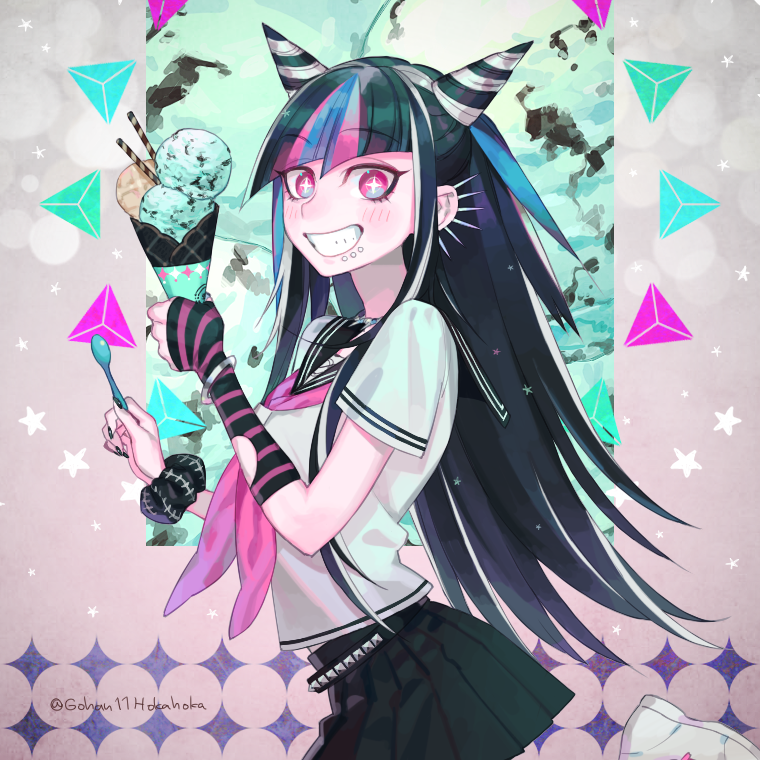 +_+ 1girl bangs belt black_hair black_nails black_scrunchie black_skirt blue_hair blunt_bangs bracelet dangan_ronpa ear_piercing elbow_gloves eyebrows_visible_through_hair fingerless_gloves food gloves grin happy holding holding_food holding_spoon ice_cream_cone jewelry lip_piercing long_hair mioda_ibuki multicolored_hair nail_polish piercing pink_eyes pink_hair pink_neckwear pleated_skirt sara_(kurome1127) school_uniform scrunchie serafuku shirt short_sleeves single_glove skirt smile spoon super_dangan_ronpa_2 torn_clothes torn_gloves twitter_username upper_body white_footwear white_hair white_shirt