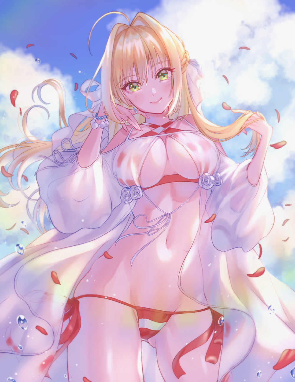1girl ahoge bangs bead_bracelet beads bikini blonde_hair blue_sky blush bracelet breasts cleavage clouds collarbone criss-cross_halter dress earrings fate/extra fate/grand_order fate_(series) gown green_eyes hair_between_eyes hair_intakes hair_ribbon halterneck hand_in_hair highres hips jewelry large_breasts lighting long_hair looking_at_viewer magako navel nero_claudius_(fate)_(all) nero_claudius_(swimsuit_caster)_(fate) petals red_bikini ribbon rose_petals side-tie_bikini sky smile solo striped striped_bikini swimsuit thighs waist water_drop white_ribbon