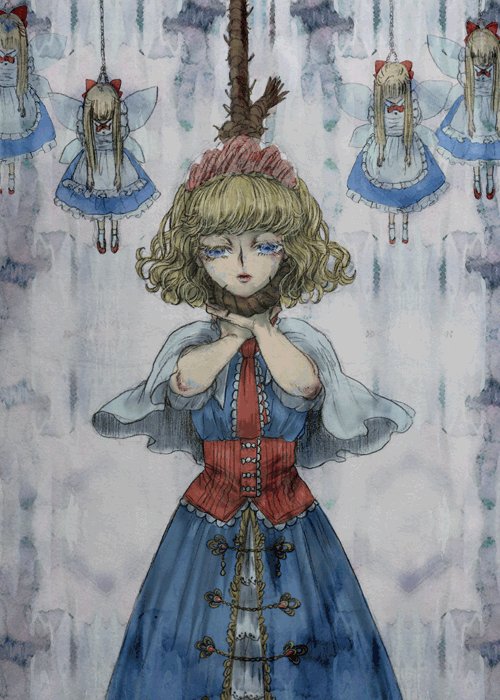 1girl alice_margatroid ascot asphyxiation bangs blonde_hair blue_dress blue_eyes capelet doll dress frilled_ascot frills hair_between_eyes hairband half-closed_eyes hands_on_neck hanged lolita_hairband looking_at_viewer nazo_(mystery) noose open_mouth puffy_short_sleeves puffy_sleeves ribbon rope sash shanghai_doll short_hair short_sleeves simple_background solo standing touhou