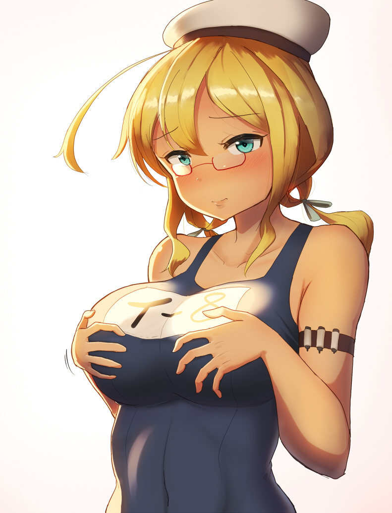 1girl armlet blonde_hair blue_eyes blush breasts collarbone hands_on_own_chest hat i-8_(kantai_collection) kantai_collection large_breasts lips low_twintails maku_ro name_tag one-piece_swimsuit peaked_cap red-framed_eyewear sailor_hat school_swimsuit semi-rimless_eyewear simple_background solo swimsuit twintails under-rim_eyewear upper_body white_background