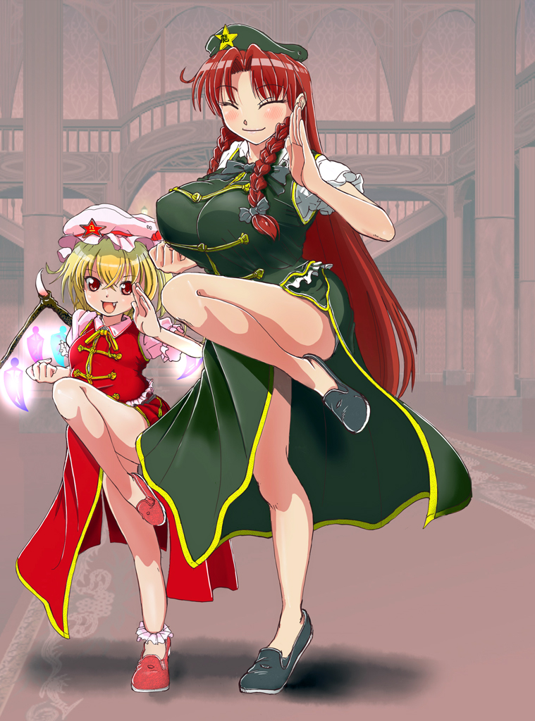 2girls beret blonde_hair braid chinese_clothes crystal fang fighting_stance flandre_scarlet hat hong_meiling long_hair medium_hair multiple_girls nakamura_3sou red_eyes redhead short_hair side_ponytail star the_embodiment_of_scarlet_devil touhou twin_braids wings