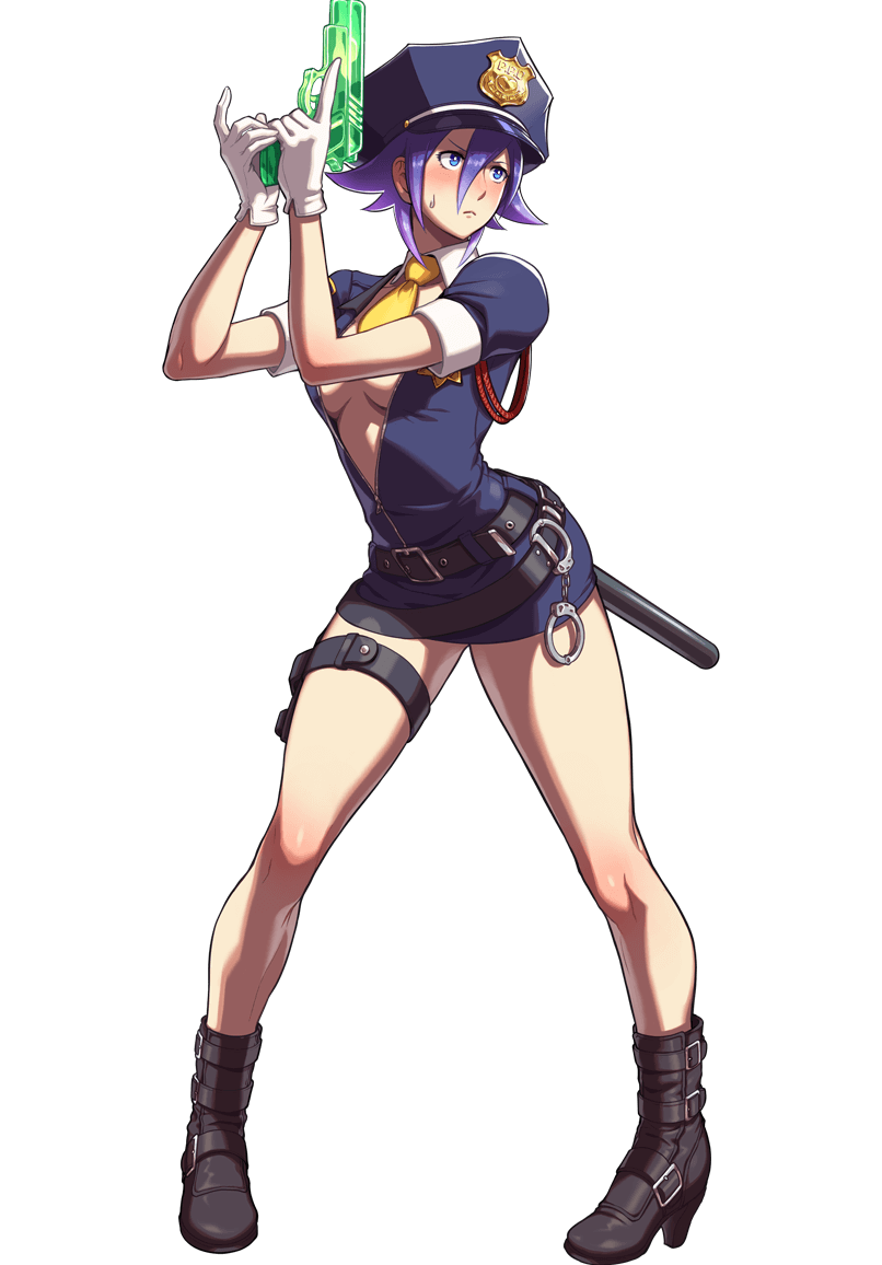 1girl alternate_costume blue_eyes blue_hair blush breasts cleavage full_body gloves hat love_heart official_art ogura_eisuke police police_hat police_uniform policewoman small_breasts snk snk_heroines:_tag_team_frenzy solo the_king_of_fighters uniform