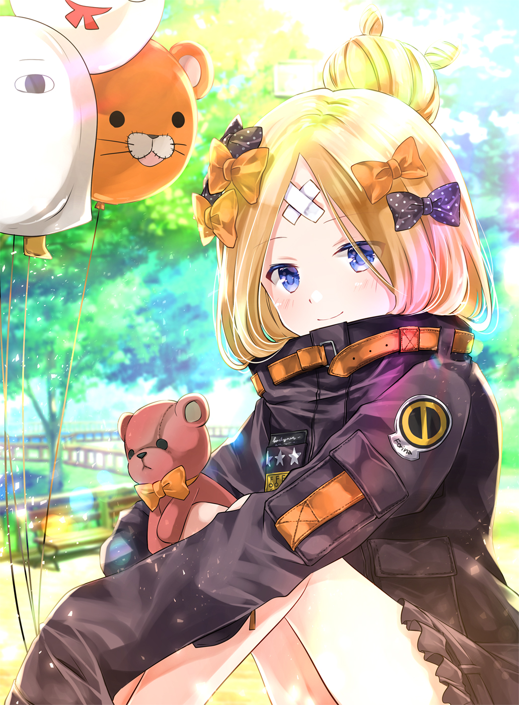 1girl abigail_williams_(fate/grand_order) balloon bangs bench black_bow black_jacket blonde_hair blue_eyes blurry blurry_background blush bow closed_mouth commentary_request day depth_of_field eyebrows_visible_through_hair fate/grand_order fate_(series) hair_bow hair_bun highres iroha_(shiki) jacket long_hair long_sleeves object_hug orange_bow outdoors park_bench parted_bangs polka_dot polka_dot_bow sitting sleeves_past_fingers sleeves_past_wrists smile solo stuffed_animal stuffed_toy teddy_bear tree