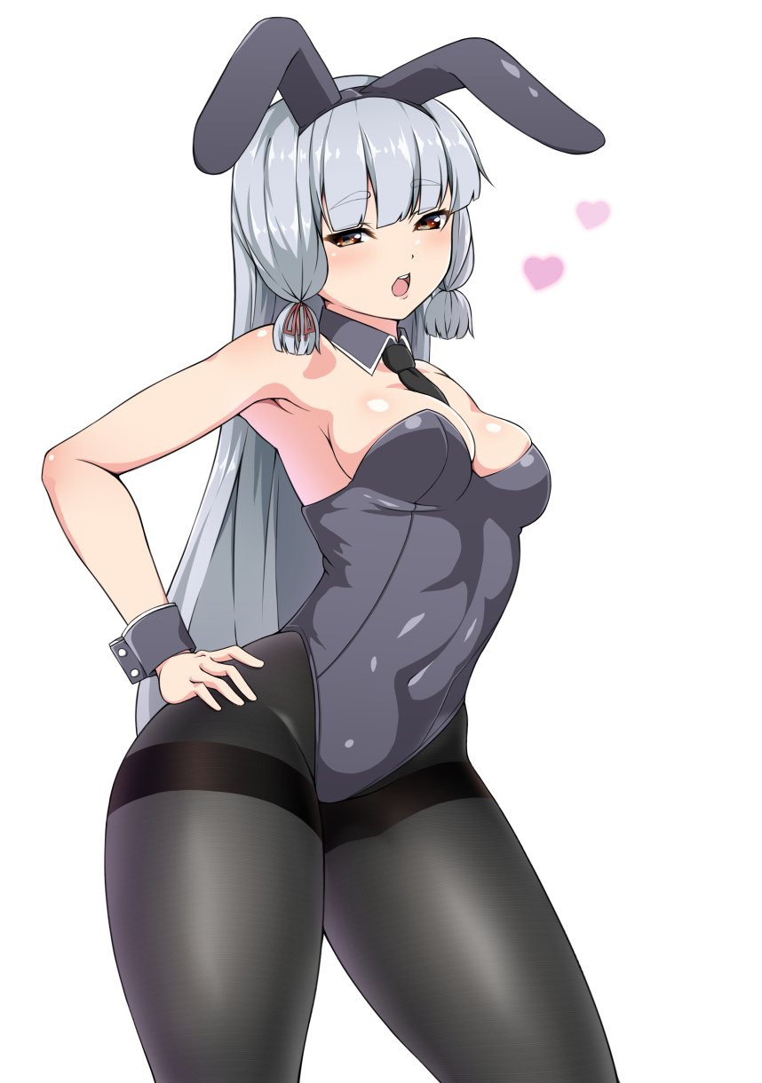 1girl animal_ears bangs bare_shoulders between_breasts black_legwear black_leotard black_neckwear blunt_bangs blush breasts brown_eyes bunnysuit cleavage commentary_request covered_navel detached_collar fake_animal_ears hair_ribbon headgear heart highres jito_mesuki_nitouhei kantai_collection leotard long_hair looking_at_viewer medium_breasts murakumo_(kantai_collection) necktie open_mouth pantyhose rabbit_ears remodel_(kantai_collection) ribbon round_teeth sidelocks silver_hair simple_background solo standing strapless strapless_leotard teeth thighband_pantyhose thighs tress_ribbon white_background wide_hips wrist_cuffs