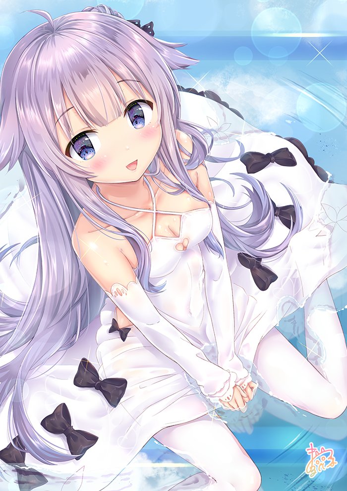 1girl :d azur_lane bangs bare_shoulders black_bow black_ribbon blush bow breasts cleavage cleavage_cutout collarbone commentary_request criss-cross_halter detached_sleeves dress eyebrows_visible_through_hair from_above hair_flaps hair_ribbon halterneck heart_cutout long_hair long_sleeves looking_at_viewer looking_up maruma_(maruma_gic) medium_breasts no_shoes open_mouth purple_hair ribbon shallow_water signature sitting sleeves_past_wrists smile solo sparkle thigh-highs unicorn_(azur_lane) very_long_hair violet_eyes wariza water white_dress white_legwear