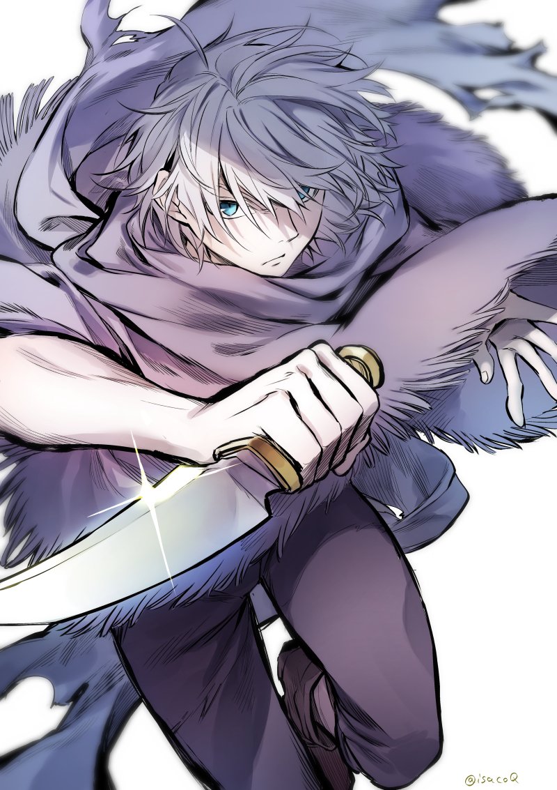 1boy bandage cape gloves green_eyes hair_over_one_eye knife looking_at_viewer male_focus oboro_keisuke octopath_traveler scarf short_hair simple_background solo therion_(octopath_traveler) weapon white_background
