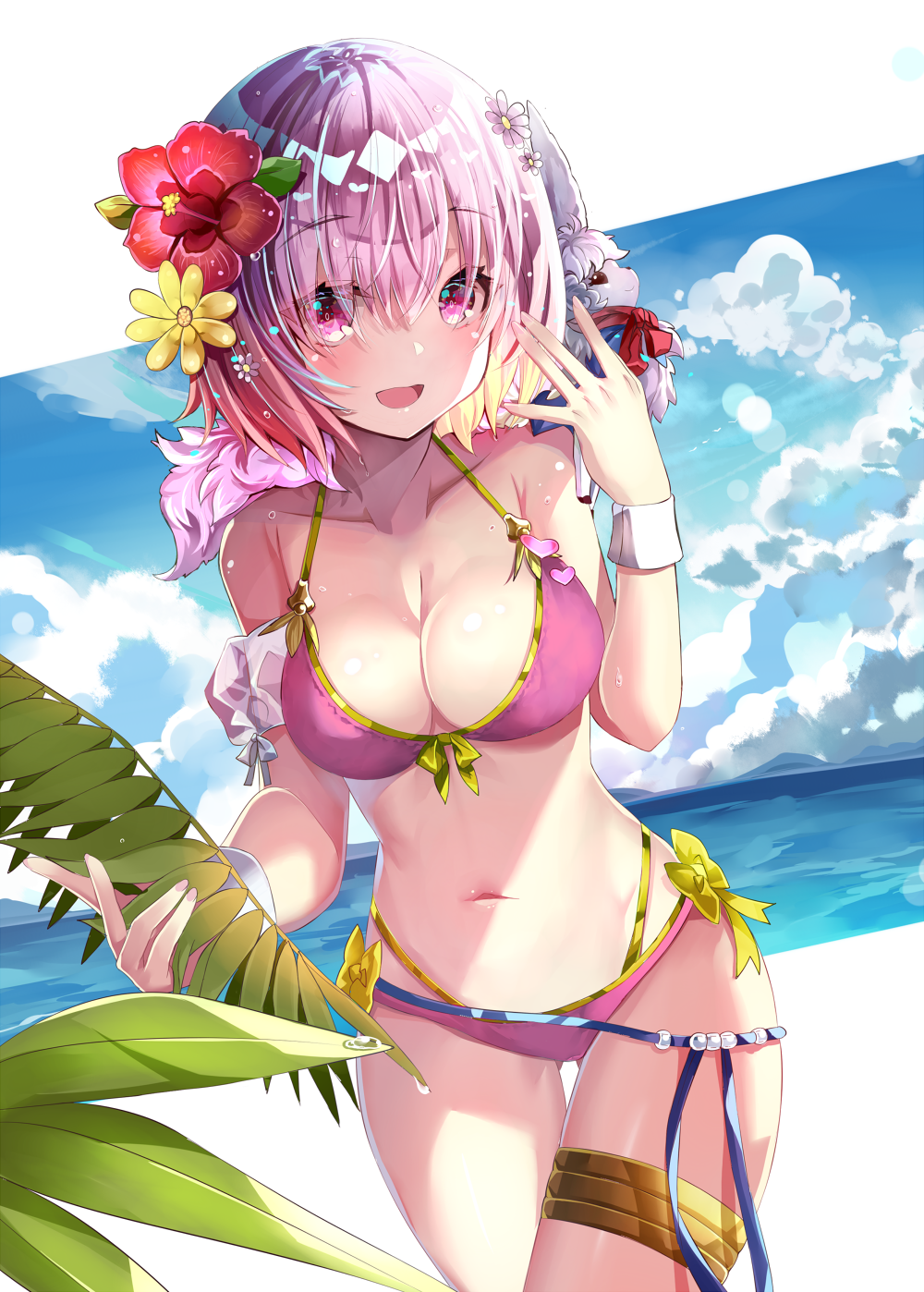 1girl bikini breasts cleavage cowboy_shot fate/grand_order fate_(series) flower fou_(fate/grand_order) hair_flower hair_ornament hair_over_one_eye hibiscus highres large_breasts lavender_hair looking_at_viewer mash_kyrielight smile solo swimsuit violet_eyes