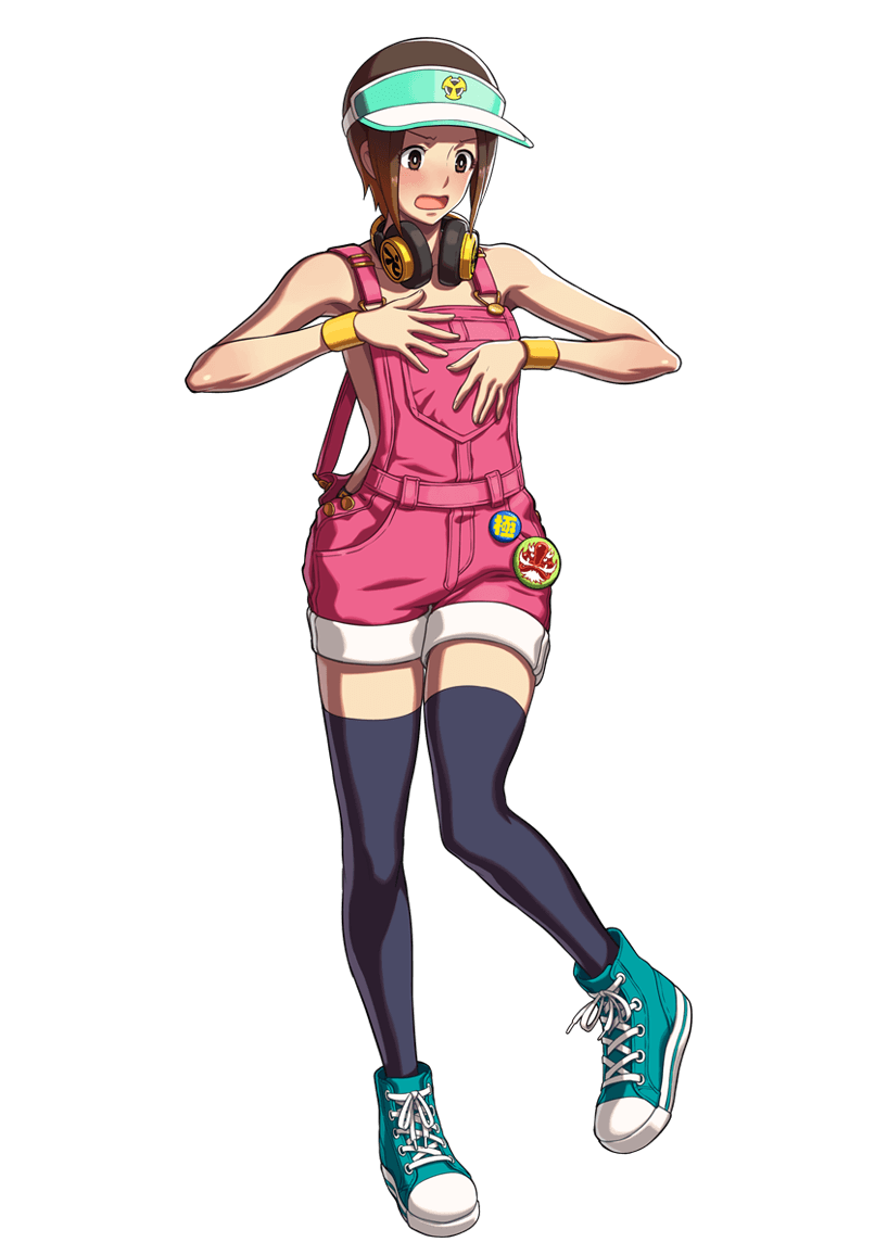 1girl alternate_costume bare_arms blush brown_eyes brown_hair flat_chest full_body headphones headphones_around_neck official_art ogura_eisuke open_mouth overalls shoes short_hair simple_background sneakers snk snk_heroines:_tag_team_frenzy solo standing_on_one_leg the_king_of_fighters thigh-highs transparent_background wristband yuri_sakazaki