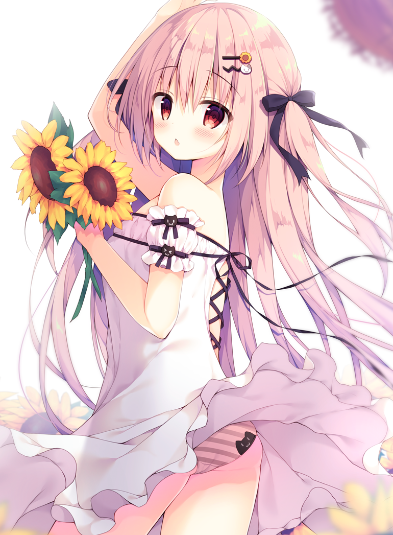 1girl arm_up ass bangs bare_shoulders black_bow blurry blurry_background blush bow chestnut_mouth commentary depth_of_field detached_sleeves dress eyebrows_visible_through_hair flower hair_between_eyes hair_bow hair_ornament hairclip hat hat_removed headwear_removed holding holding_flower izumiyuhina long_hair looking_at_viewer looking_to_the_side off-shoulder_dress off_shoulder original panties parted_lips pink_hair puffy_short_sleeves puffy_sleeves red_eyes short_sleeves sidelocks solo straw_hat striped striped_panties sunflower symbol_commentary two_side_up underwear very_long_hair white_background white_dress yellow_flower