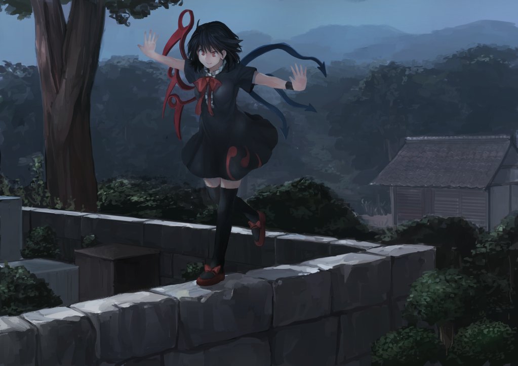 1girl asymmetrical_wings balancing bangs black_dress black_hair black_legwear blue_wings bow bowtie breasts building center_frills clouds cloudy_sky dress hill houjuu_nue ichiba_youichi medium_breasts outdoors outstretched_arms red_bow red_eyes red_footwear red_neckwear red_wings shoe_bow shoes short_dress short_hair short_sleeves sky smile solo stone_wall thigh-highs touhou tree walking wall wings wristband zettai_ryouiki