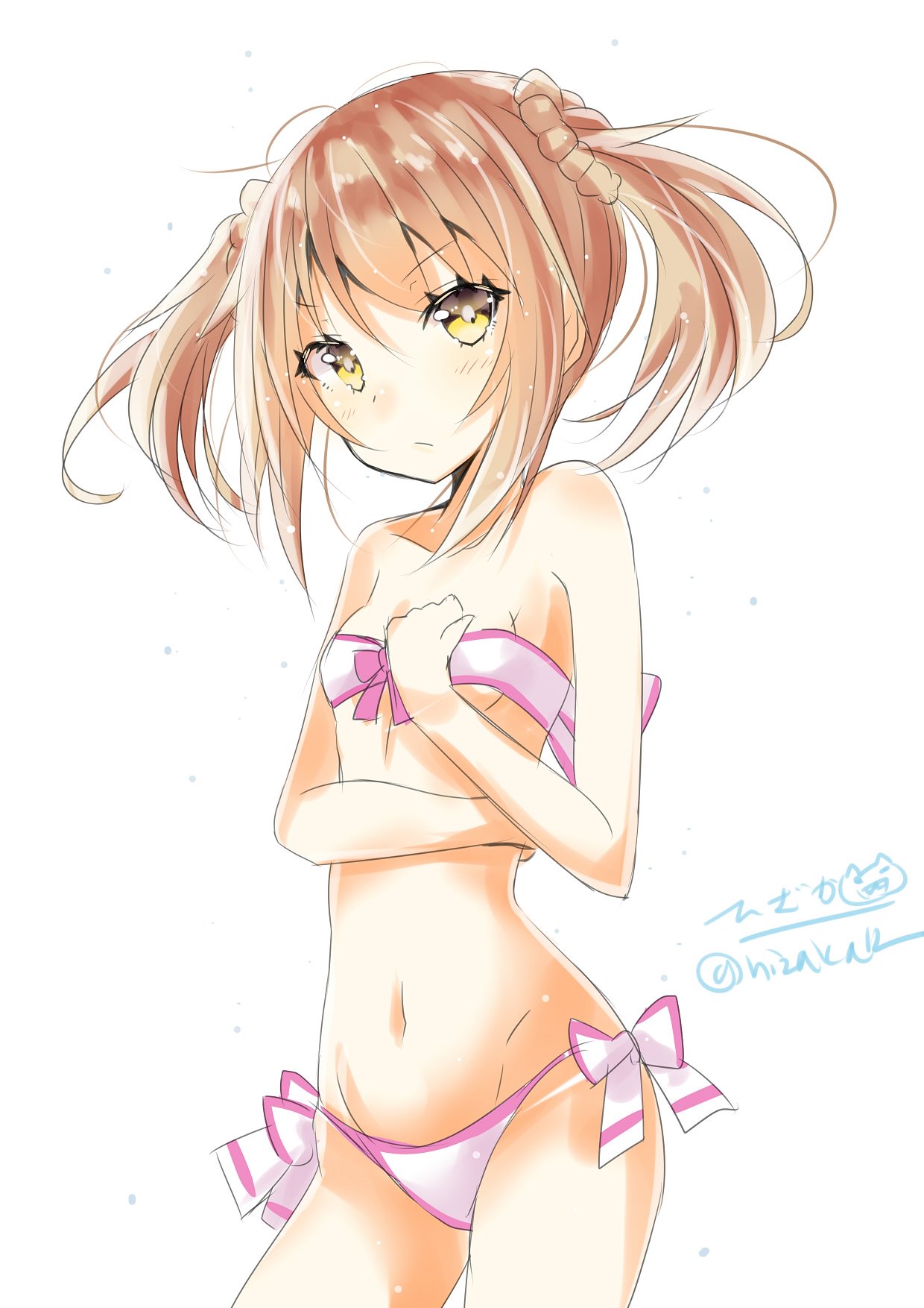 1girl bikini blush breasts brown_hair closed_mouth eyebrows_visible_through_hair highres hizaka kantai_collection long_hair looking_at_viewer michishio_(kantai_collection) simple_background small_breasts solo swimsuit twitter_username white_background yellow_eyes