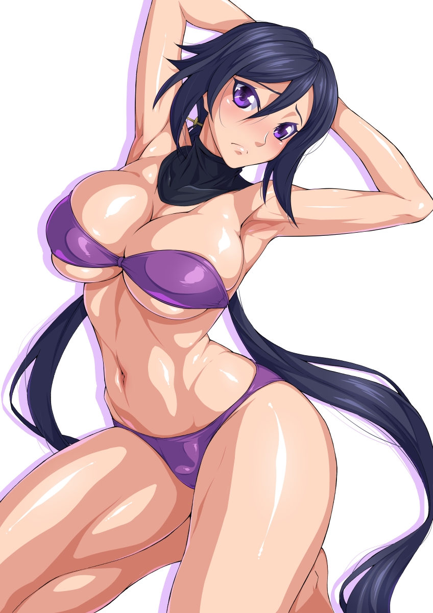 1girl arched_back armpits arms_behind_head arms_up ayame_(gundam_build_divers) bangs bare_arms bare_legs barefoot bikini black_hair blush breasts cleavage closed_mouth covered_collarbone detached_collar groin gundam gundam_build_divers hair_between_eyes hair_ornament head_tilt highres kneeling large_breasts long_hair looking_at_viewer low_ponytail navel nib_pen_(medium) ozaneko purple_bikini shadow shiny shiny_hair shiny_skin sidelocks simple_background solo split_ponytail stomach strapless strapless_bikini swimsuit thick_thighs thighs traditional_media turtleneck very_long_hair violet_eyes white_background