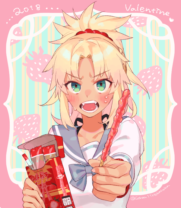 &gt;:o 1girl 2018 bangs blonde_hair blush dark_skin dress fate/grand_order fate_(series) food green_eyes holding holding_food long_hair long_sleeves looking_at_viewer mordred_(fate)_(all) mordred_(swimsuit_rider)_(fate) open_mouth parted_bangs pocky ponytail red_scrunchie sara_(kurome1127) school_uniform scrunchie serafuku strawberry_background sweatdrop upper_body valentine white_dress