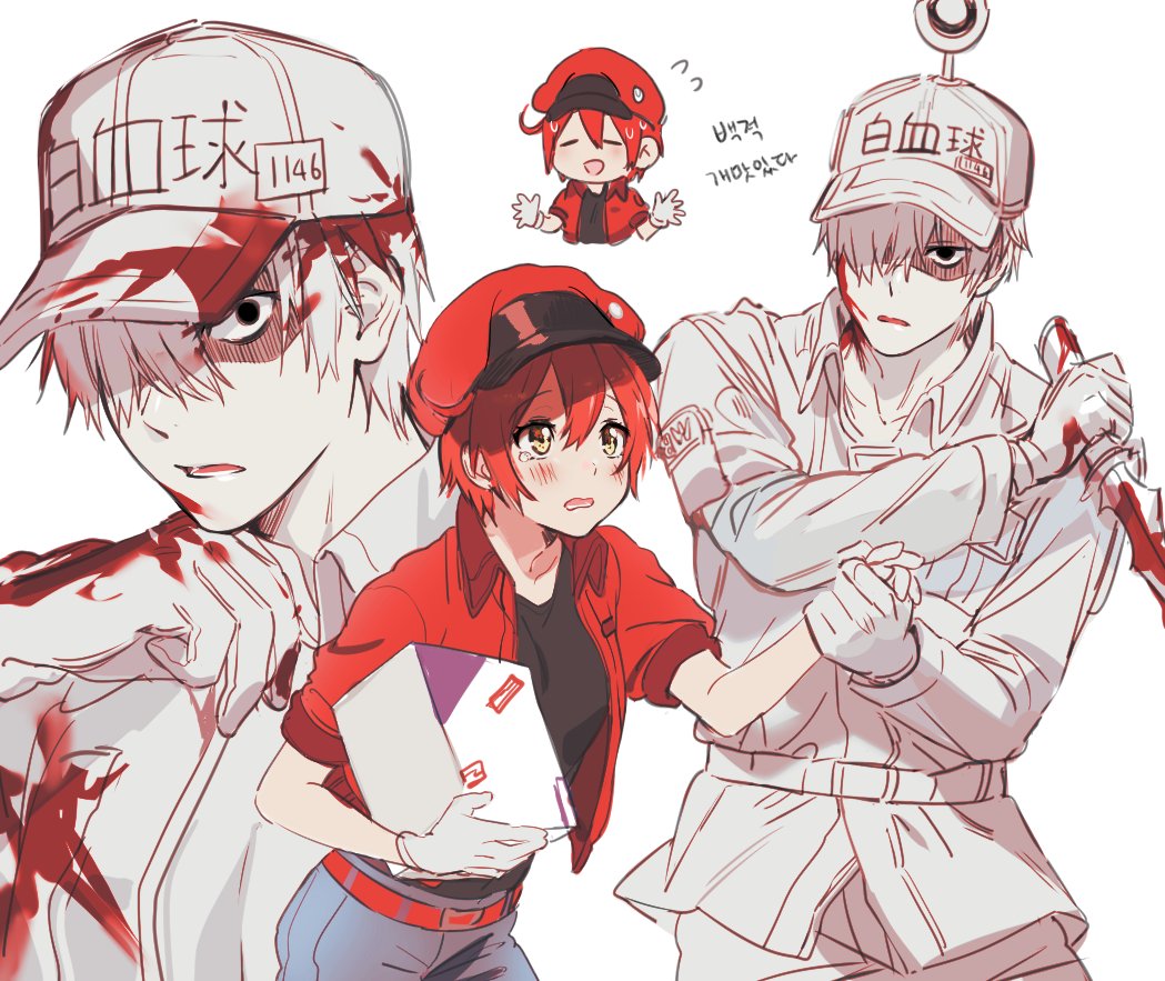 1boy 1girl ae-3803 black_eyes blood bloody_clothes cabbie_hat collared_shirt gloves hair_over_one_eye hat hataraku_saibou jacket mery_(apfl0515) package red_blood_cell_(hatataku_saibou) red_jacket shirt shorts simple_background u-1146 uniform white_background white_blood_cell_(hataraku_saibou) white_gloves white_hair white_hat white_skin