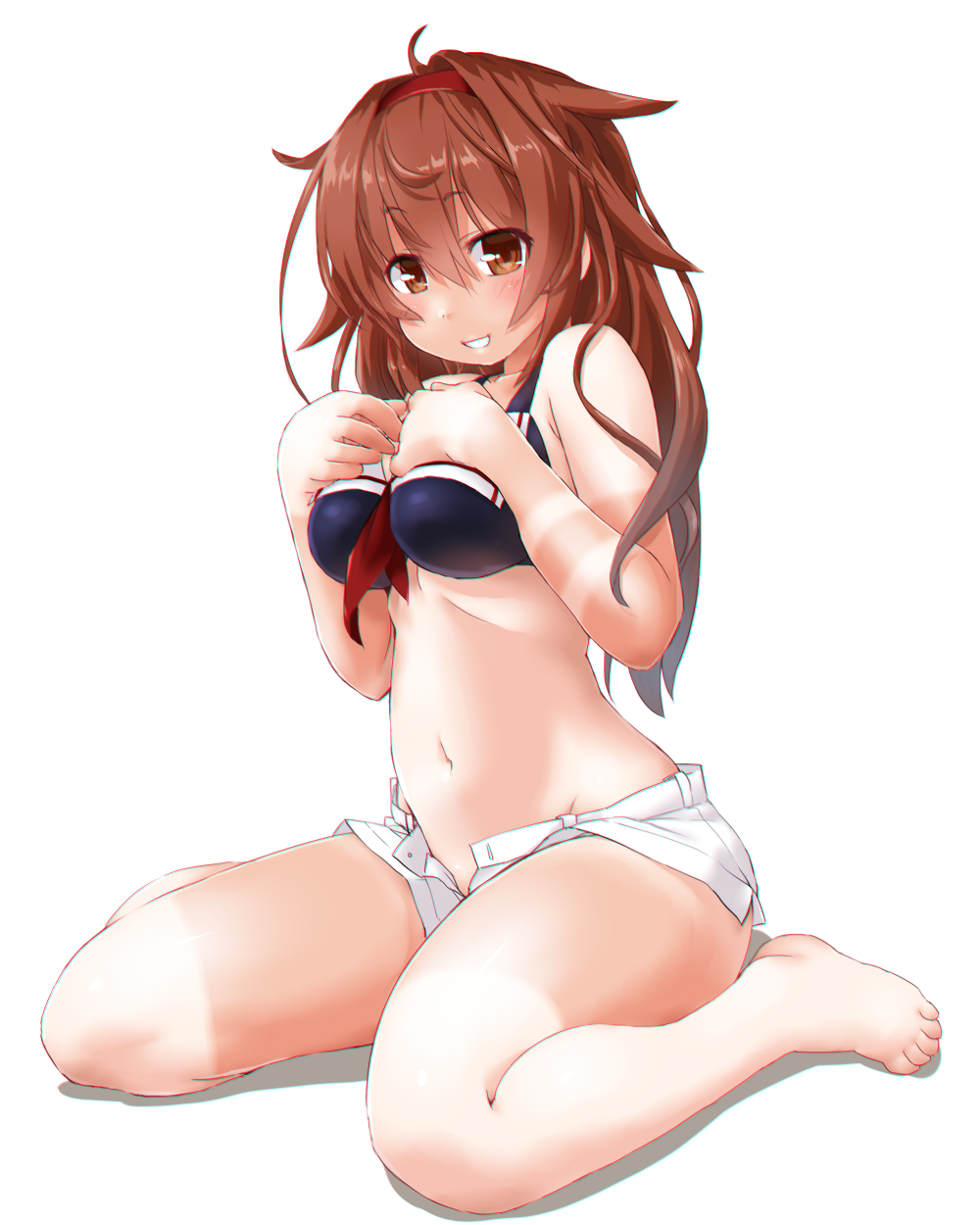 1girl adapted_costume belly bikini black_bikini blush breasts brown_hair dd_(ijigendd) hair_flaps hairband hands_on_own_chest highres kantai_collection long_hair looking_at_viewer medium_breasts orange_eyes red_hairband remodel_(kantai_collection) shiratsuyu_(kantai_collection) shorts simple_background sitting smile solo swimsuit tan tanline wariza white_background