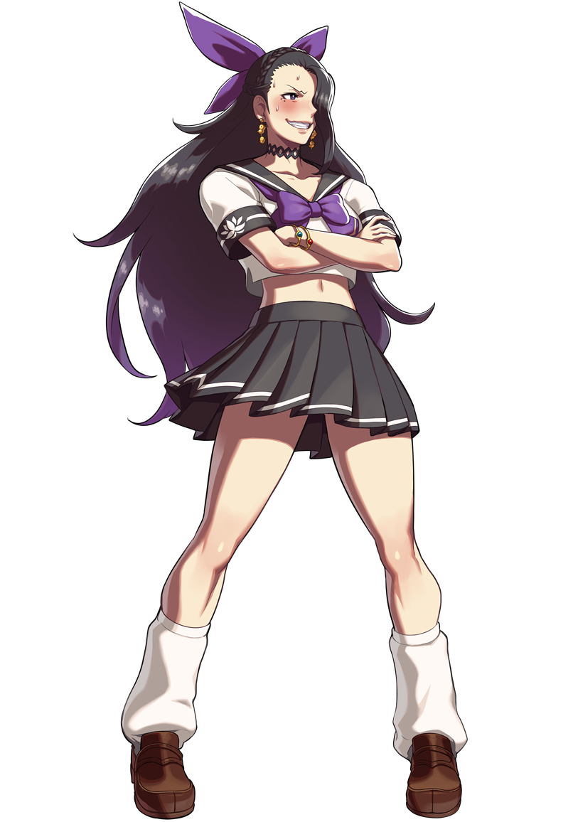 1girl alternate_costume black_eyes black_hair blush bow bracelet breasts crossed_arms earrings full_body hair_bow jewelry long_hair loose_socks luong navel neckerchief official_art ogura_eisuke pleated_skirt sailor_collar school_uniform serafuku skirt small_breasts smile snk snk_heroines:_tag_team_frenzy solo the_king_of_fighters