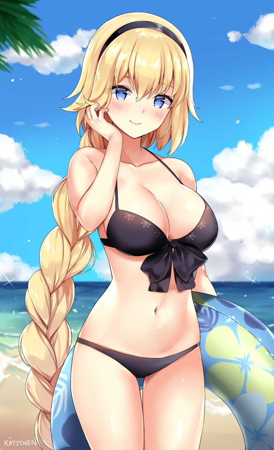 1girl absurdly_long_hair bangs bare_arms bare_shoulders beach bikini black_bikini black_hairband blonde_hair blue_eyes blue_innertube blue_sky blush braid breasts cleavage clouds collarbone commentary_request cowboy_shot day eyebrows_visible_through_hair fate/apocrypha fate_(series) front-tie_bikini front-tie_top hair_between_eyes hair_tucking hairband hand_up head_tilt highres horizon innertube jeanne_d'arc_(fate) jeanne_d'arc_(fate)_(all) kaetzchen large_breasts long_hair looking_at_viewer medium_breasts navel ocean outdoors sand signature single_braid sky smile solo swimsuit thigh_gap transparent very_long_hair water