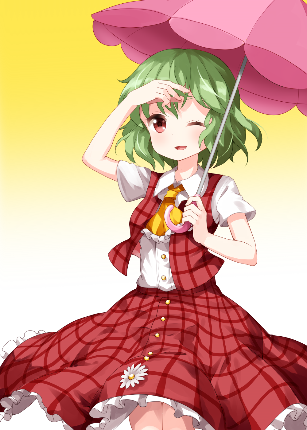 1girl :d arm_up ascot blush commentary_request cowboy_shot eyebrows_visible_through_hair flower frilled_ascot frills gradient gradient_background green_eyes green_hair hair_between_eyes highres holding holding_umbrella kazami_yuuka looking_at_viewer open_mouth petticoat pink_umbrella plaid plaid_skirt plaid_vest red_skirt red_vest ruu_(tksymkw) shirt short_sleeves skirt smile solo standing touhou umbrella vest white_background white_flower white_shirt wing_collar yellow_background yellow_neckwear