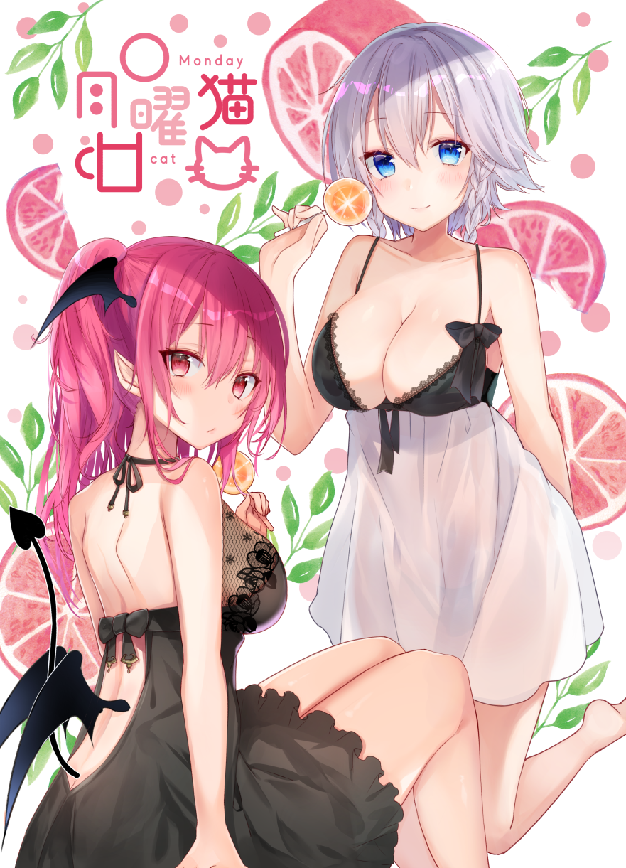 2girls arm_behind_back backless_outfit bare_arms bare_back bare_shoulders barefoot black_bow black_dress black_ribbon blue_eyes blush bow braid breasts candy cleavage collarbone commentary_request cowboy_shot demon_tail demon_wings dress eyebrows_visible_through_hair feet_out_of_frame food from_behind fruit hair_between_eyes halterneck hand_up head_wings highres holding holding_food izayoi_sakuya kneeling koakuma lace lace-trimmed_dress lace_trim large_breasts leaf lingerie lollipop long_hair looking_at_viewer looking_back multiple_girls natsuki_(ukiwakudasai) pink_eyes pink_hair pointy_ears ribbon see-through_silhouette short_dress short_hair silver_hair sitting smile spaghetti_strap standing tail thighs touhou translated twin_braids underwear white_background wings