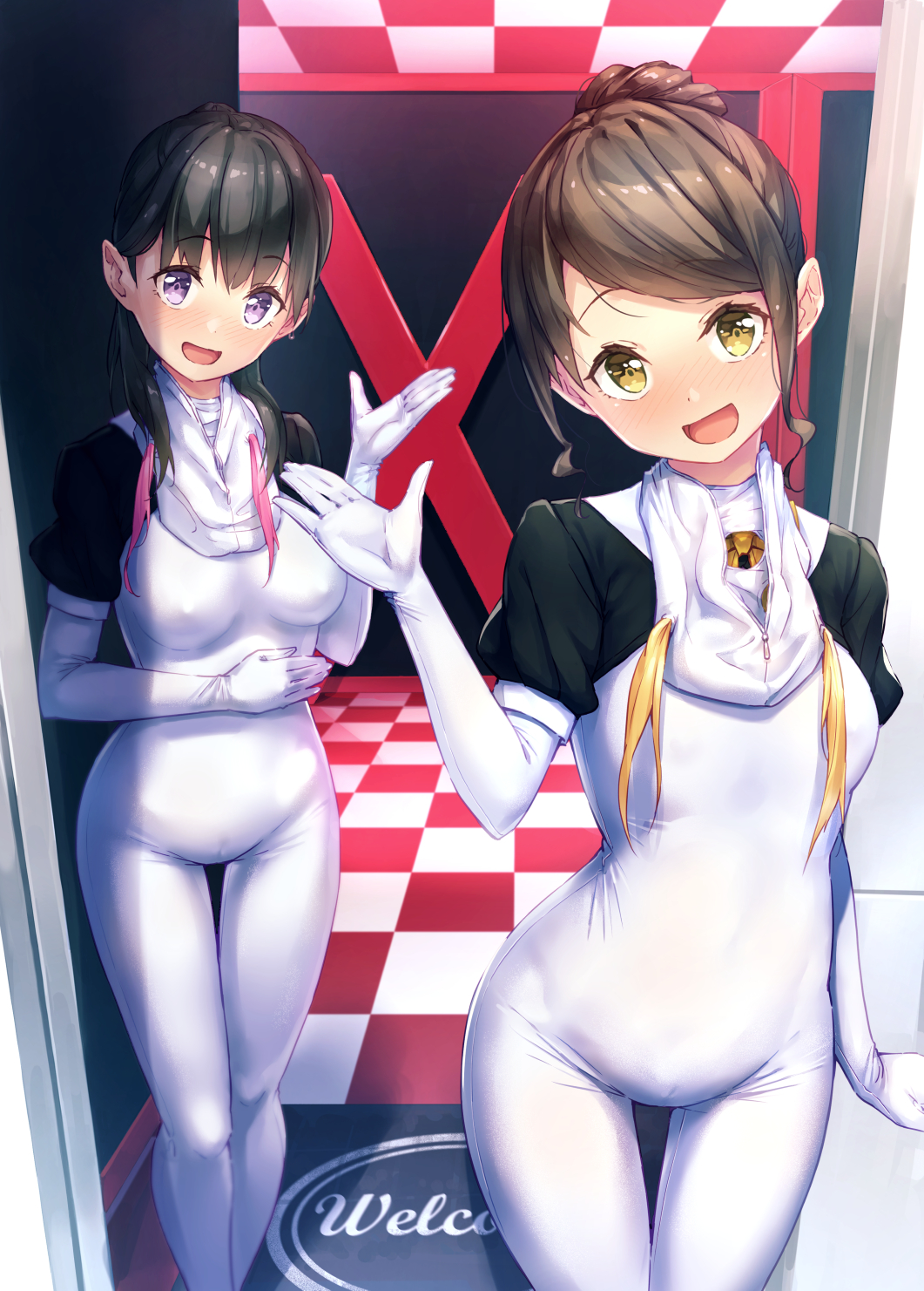 2girls :d bangs black_hair blush bodysuit breasts brown_hair checkered checkered_ceiling checkered_floor cowboy_shot doorway eyebrows_visible_through_hair hair_bun hand_up head_tilt highres long_hair looking_at_viewer mask mask_removed medium_breasts multiple_girls nose_blush open_mouth original puffy_short_sleeves puffy_sleeves purinpu short_hair short_sleeves smile swept_bangs thigh_gap violet_eyes white_bodysuit yellow_eyes zentai