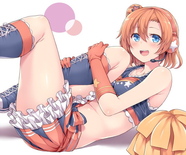 1girl bangs birthday blue_eyes boots cheerleader commentary_request elbow_gloves gloves hasu_(hk_works) headset kousaka_honoka love_live! love_live!_school_idol_festival love_live!_school_idol_project miniskirt one_side_up orange_hair pom_poms short_hair side_ponytail sidelocks skirt solo takaramonozu