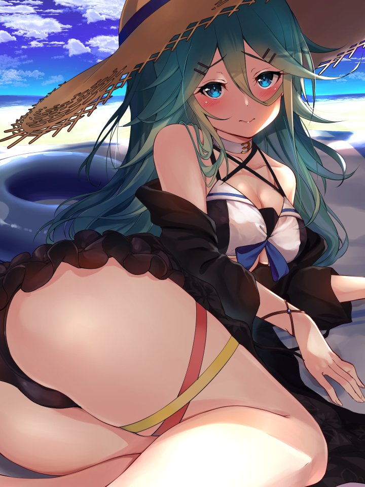 1girl alternate_costume ass bangs bare_shoulders beach beach_mat bikini black_kimono blue_sky blush bracelet breasts choker cleavage closed_mouth collarbone day eyebrows_visible_through_hair frown green_eyes green_hair hair_between_eyes hair_ornament hair_ribbon hairclip hat hips innertube japanese_clothes jewelry kantai_collection kimono long_hair looking_at_viewer lying medium_breasts off_shoulder on_side open_clothes open_kimono outdoors ponytail ribbon sand sky smile solo sun_hat swimsuit thighs yamakaze_(kantai_collection) youmou_usagi