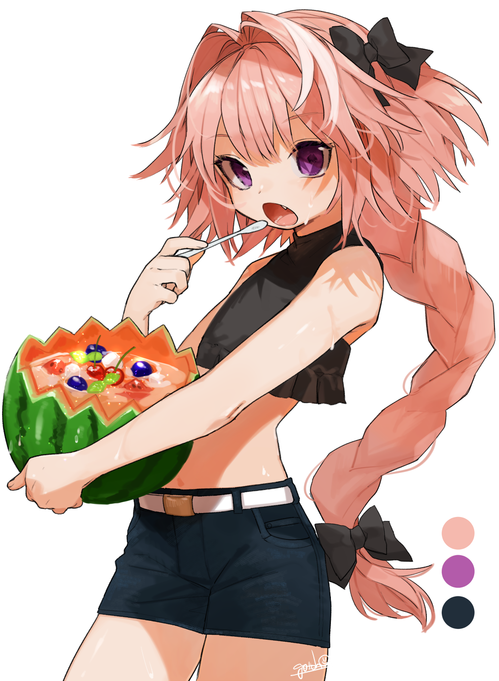 1boy artist_name astolfo_(fate) bangs bare_arms bare_shoulders belt black_shirt blueberry cherry circle commentary_request cowboy_shot crop_top denim denim_shorts eyebrows_visible_through_hair fang fate/grand_order fate_(series) food fruit gotoh510 hair_intakes hand_up highres holding holding_fruit holding_spoon long_braid long_hair looking_at_viewer male_focus midriff open_mouth otoko_no_ko pink_hair shirt short_shorts shorts signature sleeveless sleeveless_shirt spoon standing very_long_hair violet_eyes watermelon