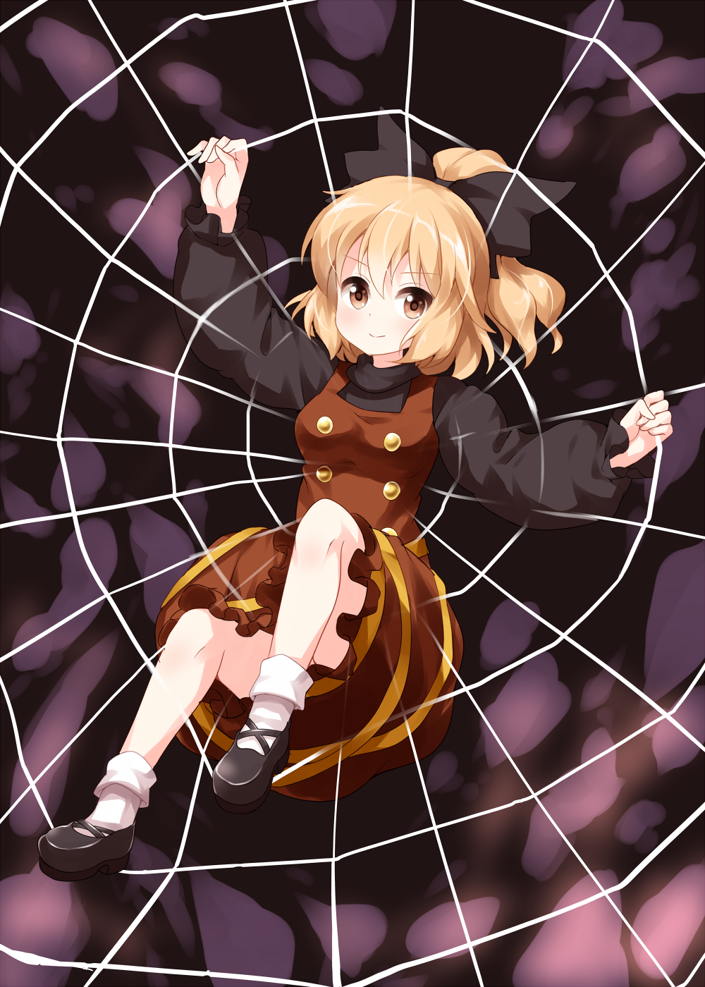 &gt;:) 1girl bangs black_bow black_footwear black_shirt blonde_hair blush bow breasts brown_dress commentary_request cross-laced_footwear dress eyebrows_visible_through_hair full_body grabbing hair_between_eyes hair_bow half_updo highres knees_up kurodani_yamame long_sleeves looking_at_viewer medium_breasts puffy_sleeves ribbon ruu_(tksymkw) shirt shoes short_hair silk smile socks solo spider_web touhou v-shaped_eyebrows white_legwear yellow_eyes yellow_ribbon