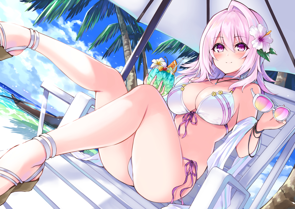 1girl beach beach_chair bikini blue_sky blush boat breasts cleavage collarbone cu-no day eyebrows_visible_through_hair front-tie_top hair_between_eyes hair_ornament halterneck hisenkaede jewelry large_breasts long_hair looking_at_viewer navel ocean official_art original outdoors palm_tree pink_hair side-tie_bikini sitting sky smile solo stomach swimsuit thighs tree violet_eyes watercraft white_bikini yayoi_sakura