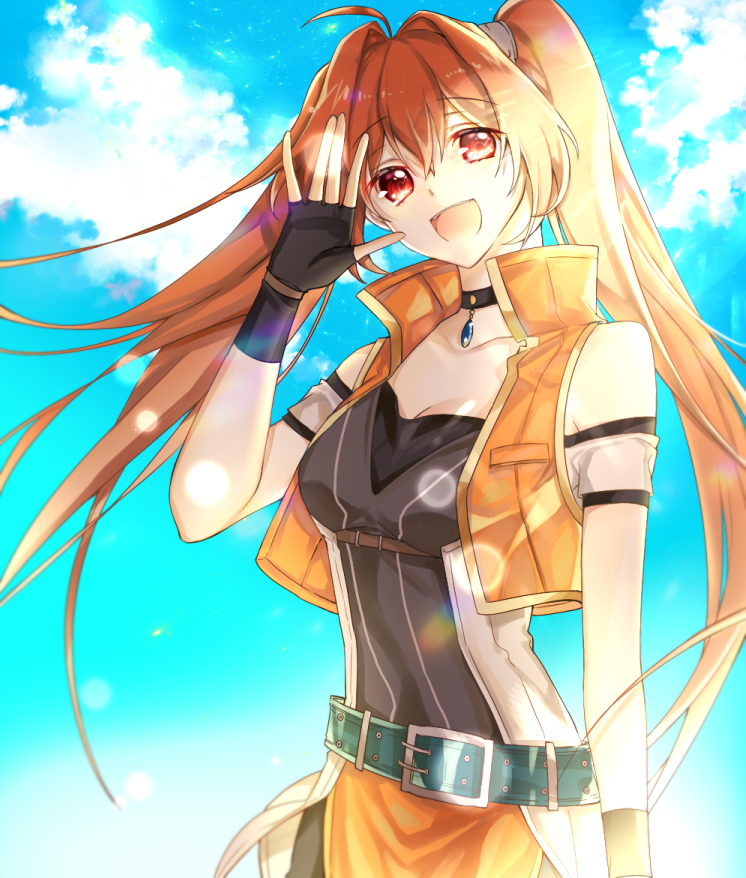 1girl ahoge bare_shoulders belt breasts brown_hair choker cleavage clouds cloudy_sky cowboy_shot eiyuu_densetsu estelle_bright fingerless_gloves gloves jacket jewelry lens_flare long_hair looking_at_viewer open_mouth pendant rc_(illremember_you) red_eyes sen_no_kiseki_4 shirt sky small_breasts smile solo sora_no_kiseki sunlight twintails waving