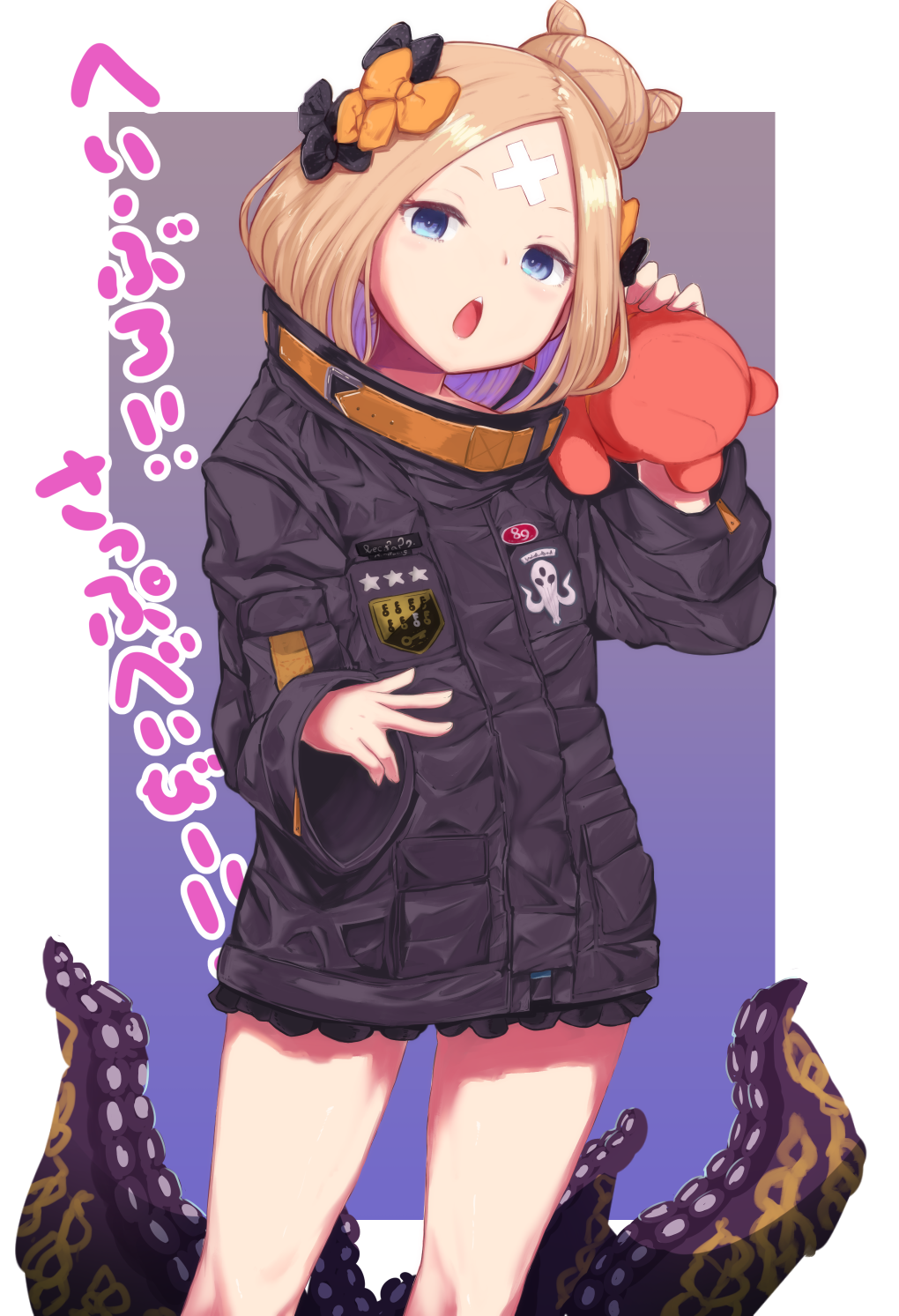 1girl abigail_williams_(fate/grand_order) alternate_hairstyle bandaid_on_forehead bangs belt black_bow black_jacket blonde_hair blue_eyes border bow fate/grand_order fate_(series) forehead hair_bow hair_bun high_collar highres holding holding_stuffed_animal jacket kio_(yumekuikio) long_hair looking_at_viewer open_mouth orange_bow over_shoulder parted_bangs polka_dot polka_dot_bow purple_background sleeves_past_fingers sleeves_past_wrists solo stuffed_animal stuffed_toy teddy_bear tentacle thighs translated white_border