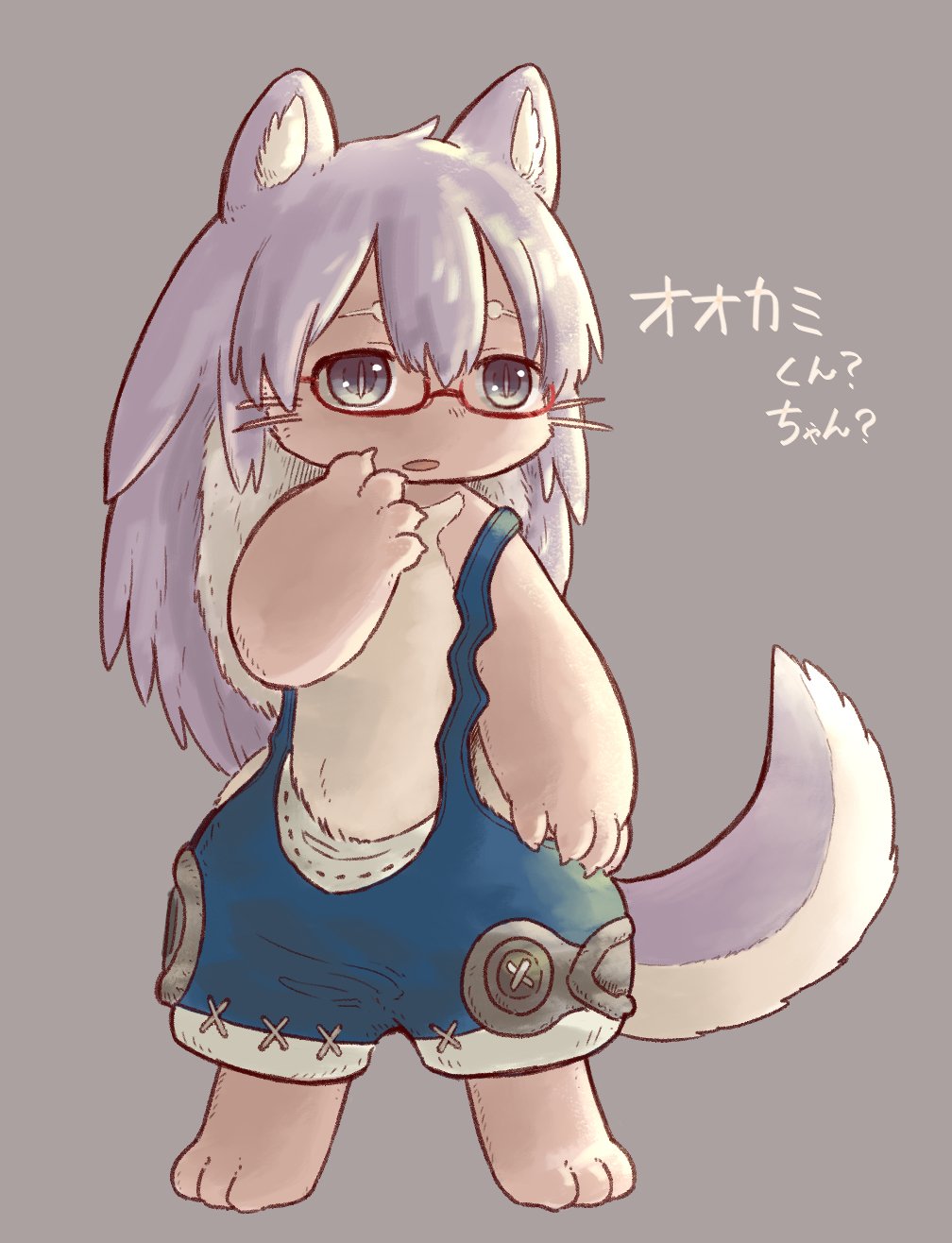 1girl animal_ears full_body furry glasses grey_background grey_eyes highres kawasemi27 original overalls red_glasses silver_hair solo tail wolf_ears wolf_tail