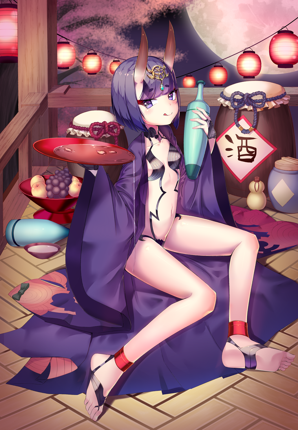 1girl :p alcohol apple barefoot bikini black_bikini bottle breasts cup fate/grand_order fate_(series) food fruit full_moon grapes hair_ornament highres horns japanese_clothes kimono lantern legs micro_bikini moon navel night off_shoulder oni open_clothes open_kimono purple_hair raizen_(jung_0000) sakazuki sake short_hair shuten_douji_(fate/grand_order) sitting small_breasts smile soles solo swimsuit toes tongue tongue_out violet_eyes