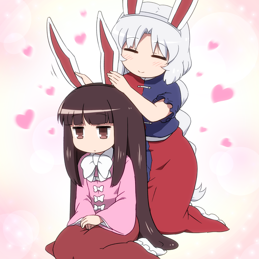 2girls =_= animal_ears bangs belt blue_dress blunt_bangs blush bow bowtie brown_eyes brown_hair bunny_day closed_eyes commentary_request dress expressionless eyebrows_visible_through_hair fake_animal_ears gradient gradient_background hands_up heart houraisan_kaguya jitome kneeling lens_flare long_braid long_dress long_hair long_sleeves multicolored multicolored_clothes multicolored_dress multiple_girls no_nose no_shoes own_hands_together petticoat pink_background pink_shirt rabbit_ears red_dress red_skirt shirosato shirt short_sleeves silver_hair sitting skirt smile socks touhou very_long_hair wariza white_background white_belt white_bow white_legwear white_neckwear wide_sleeves wing_collar yagokoro_eirin