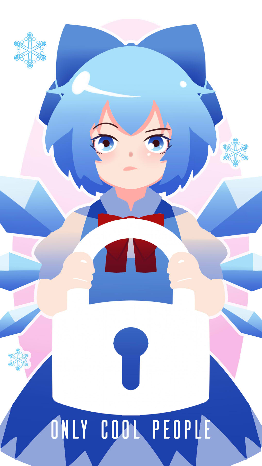 1girl blue_bow blue_eyes blue_hair bow cirno closed_mouth english eyebrows_visible_through_hair hair_bow highres ice ice_wings keyhole lock looking_at_viewer phone_wallpaper pun short_hair snowflakes solo touhou wings yoruny