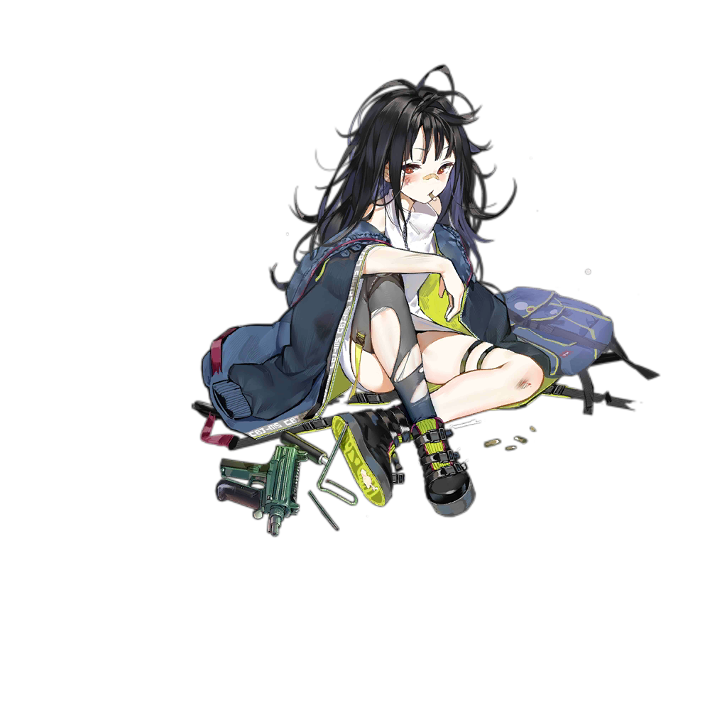 backpack bag bandaid bandaid_on_nose belt black_hair black_legwear blush boots c-ms_(girls_frontline) full_body girls_frontline gun jacket knee_pads long_hair looking_at_viewer mole mole_under_eye namesake official_art red_eyes single_thighhigh sitting submachine_gun thigh-highs torn_clothes torn_thighhighs transparent_background weapon xiao_chichi