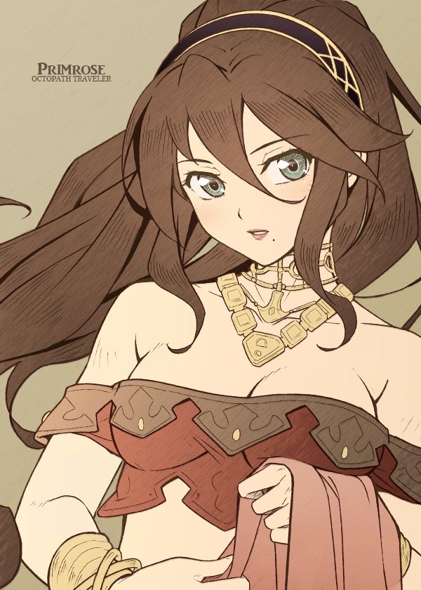 1girl blush bracelet brown_hair dancer jewelry long_hair looking_at_viewer necklace octopath_traveler primrose_azelhart simple_background solo you_haruka