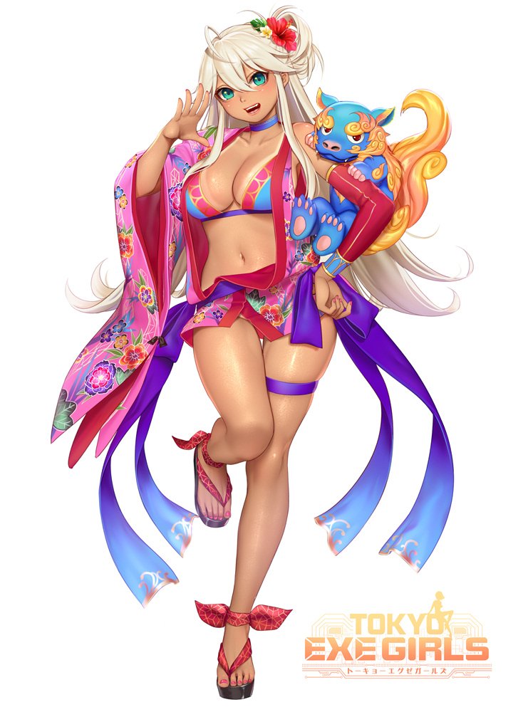 1girl aqua_eyes bangs bikini_top blush breasts choker cleavage collarbone commentary_request eyebrows_visible_through_hair fingernails flower full_body hair_flower hair_ornament hand_on_hip hibiscus japanese_clothes kimono large_breasts legs_up logo long_hair looking_at_viewer masami_chie nail_polish navel official_art open_mouth sandals shiny shiny_skin simple_background smile solo tan tanline thigh_strap tokyo_exe_girls white_background white_hair wide_sleeves yukata