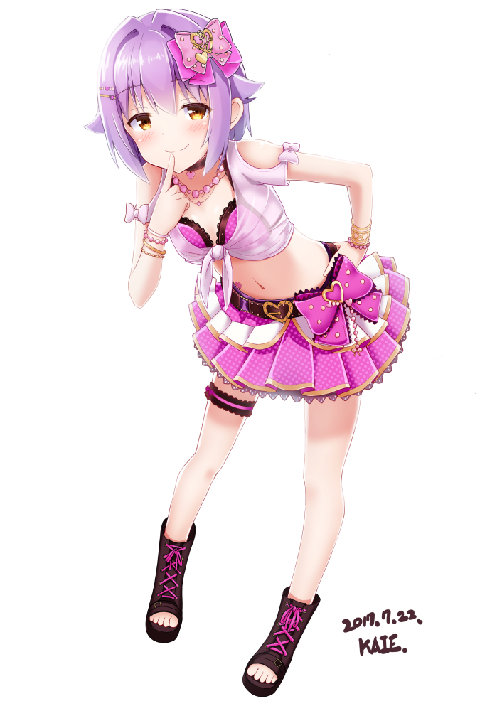 1girl 2017 brown_eyes hair_ornament hairclip idolmaster idolmaster_cinderella_girls idolmaster_cinderella_girls_starlight_stage kaie koshimizu_sachiko purple_hair short_hair shoulder_cutout signature smile standing