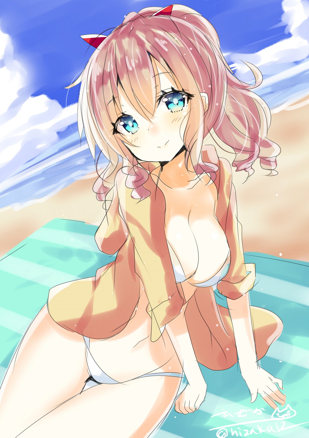 beach bikini blue_eyes blush bow breasts brown_hair closed_mouth eyebrows_visible_through_hair hair_between_eyes hair_bow hatakaze_(kantai_collection) highres hizaka kantai_collection large_breasts looking_at_viewer ocean red_bow sitting smile swimsuit white_bikini