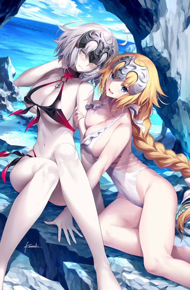 2girls artist_name bikini black_bikini blonde_hair blue_eyes blue_sky blush braid breasts choker cleavage clenched_teeth clouds dual_persona fate/grand_order fate_(series) hand_behind_head headpiece hips jeanne_d'arc_(alter)_(fate) jeanne_d'arc_(fate) jeanne_d'arc_(fate)_(all) jewelry kousaki_rui large_breasts legs multiple_girls navel one-piece_swimsuit open_mouth pale_skin pendant red_bikini rock seascape signature silver_hair single_braid sky smile swimsuit teeth thighs two-tone_bikini waist white_swimsuit yellow_eyes