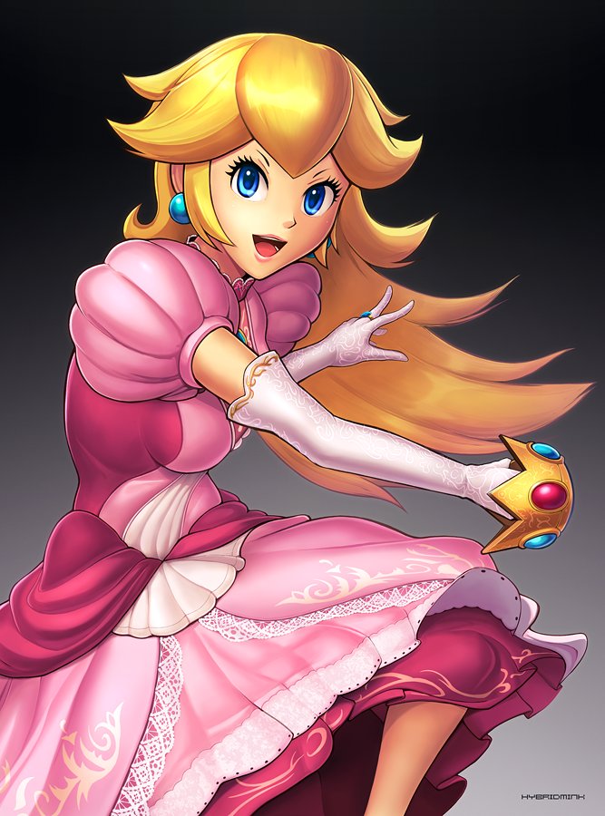 1girl blonde_hair blue_eyes crown dress earrings elbow_gloves gloves jewelry long_hair looking_at_viewer super_mario_bros. open_mouth pink_dress princess_peach smile solo super_mario_bros. super_smash_bros. white_gloves