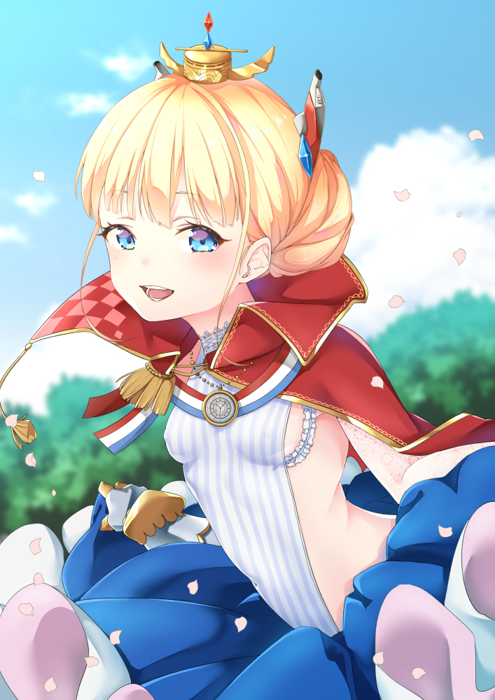 1girl azur_lane bangs blonde_hair blue_eyes blurry blurry_background blush breasts cape clouds commentary_request epaulettes gauntlets hair_ornament jewelry le_triomphant_(azur_lane) looking_at_viewer necklace open_mouth petals shiruko27anko sky small_breasts