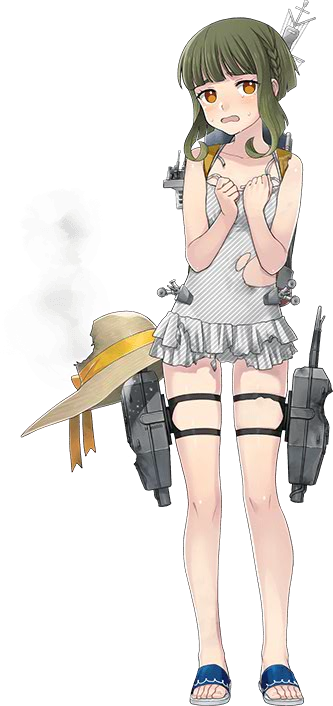 1girl bare_legs casual_one-piece_swimsuit d: damaged depth_charge depth_charge_projector fujikawa green_hair hand_on_own_chest hat hat_removed headwear_removed kantai_collection machinery official_art one-piece_swimsuit open_mouth sandals short_hair skindentation swimsuit takanami_(kantai_collection) torn_clothes torpedo_launcher yellow_eyes