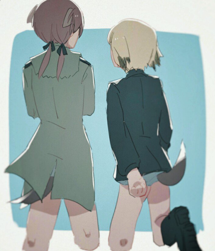 2girls animal_ears arm_behind_back blonde_hair blue_background boots border brown_hair cropped_legs crossed_arms dog_ears dog_tail erica_hartmann from_behind gertrud_barkhorn multiple_girls outside_border shiraba_(sonomama_futene) sketch standing strike_witches tail uniform white_border world_witches_series