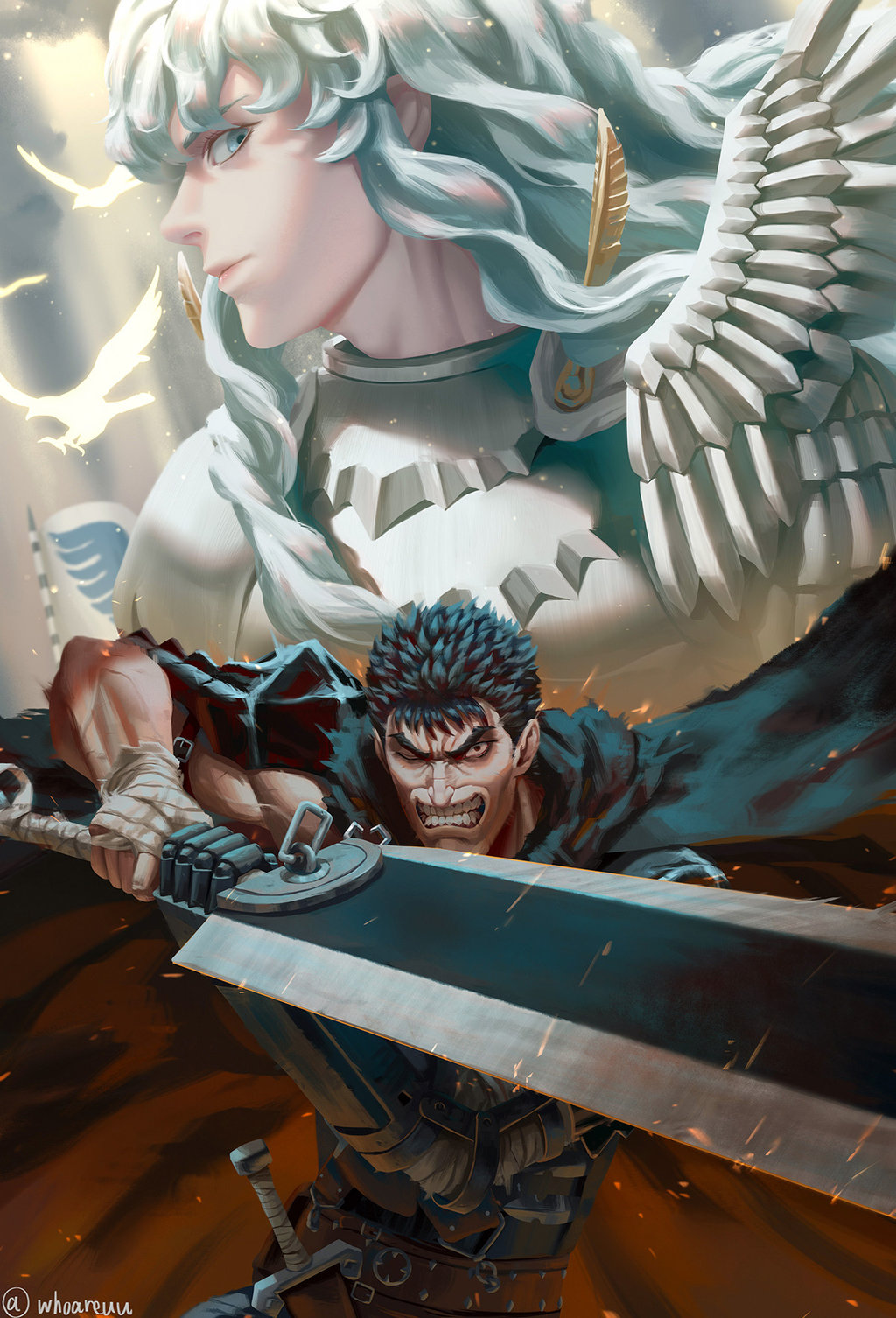 2boys androgynous armor bandage bandaged_hands bandages bangs berserk bird black_armor black_cape blue_eyes cape clenched_teeth commentary dragonslayer_(sword) english_commentary fighting_stance griffith guts highres holding holding_sword holding_weapon huge_weapon long_hair looking_at_viewer looking_to_the_side multiple_boys one-eyed prosthesis prosthetic_arm scar silver_hair spiky_hair sword teeth wavy_hair weapon white_hair whoareuu