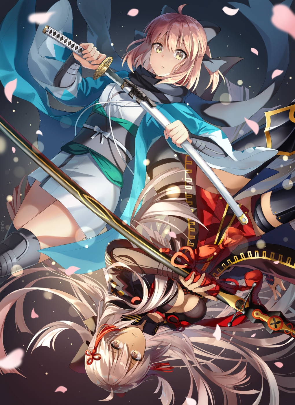 2girls ahoge black_bow black_legwear black_scarf blonde_hair bow breasts brown_eyes cherry_blossoms cleavage dark_skin dress fate/grand_order fate_(series) floating_hair hair_between_eyes hair_bow haori highres holding holding_shield holding_sword holding_weapon hug japanese_clothes katana kimono long_hair looking_at_viewer multiple_girls nonono obi okita_souji_(alter)_(fate) okita_souji_(fate) okita_souji_(fate)_(all) ponytail red_dress sash scarf sheath shield short_dress short_kimono silver_hair sword thigh-highs unsheathing very_long_hair weapon white_kimono yellow_eyes